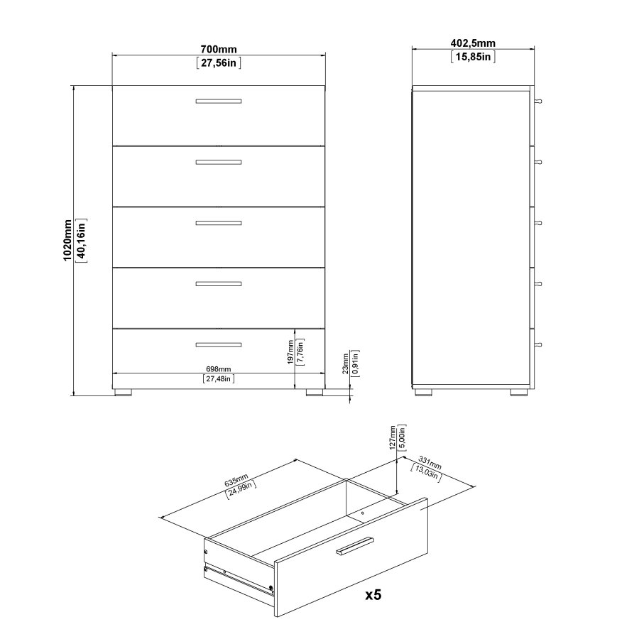 TVILUM Pepe byr� - vit h&ouml;gblank / naturligt tr&auml; / ekfaner, med 5 l�dor