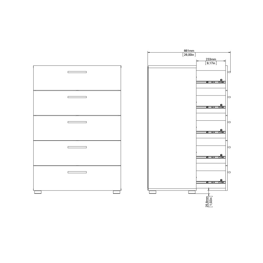 TVILUM Pepe byr� - vit h&ouml;gblank / naturligt tr&auml; / ekfaner, med 5 l�dor