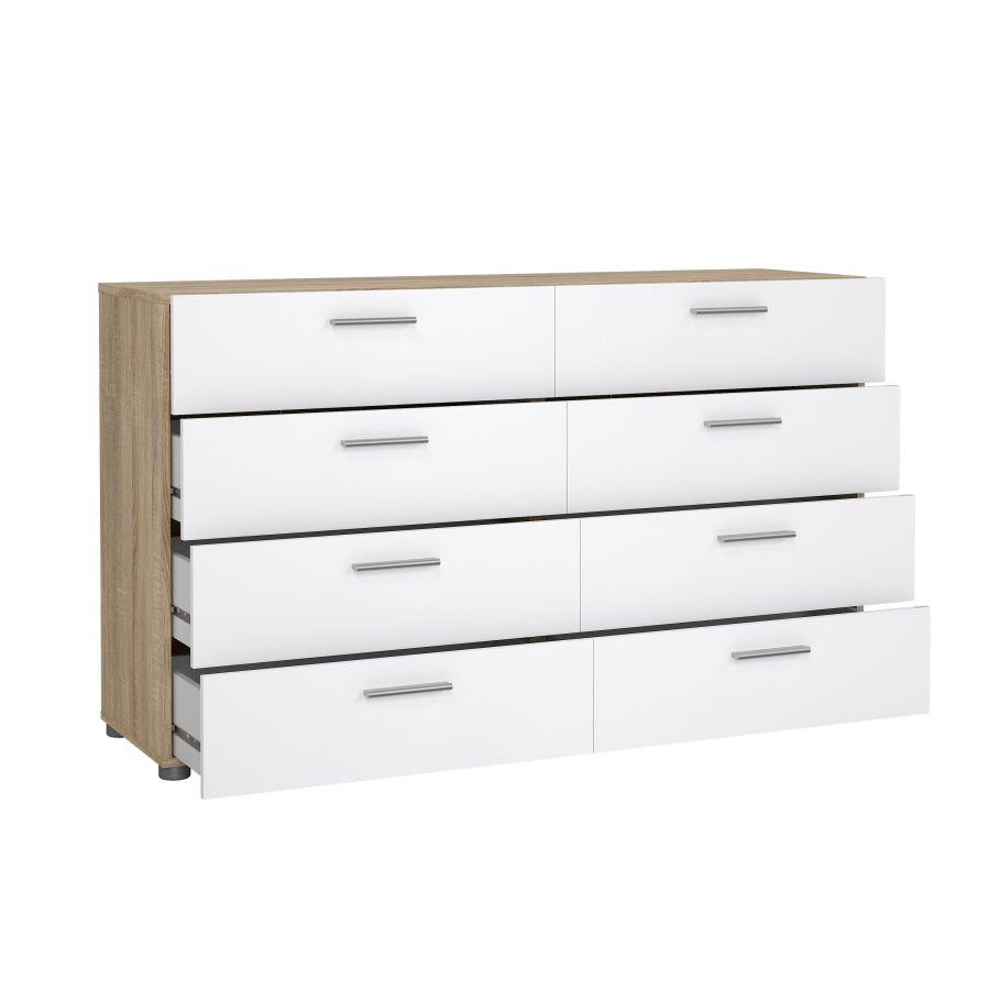TVILUM Pepe kommode - hvid h�jglans/natur tr�/egetr�sfin&eacute;r, m. 8 skuffer
