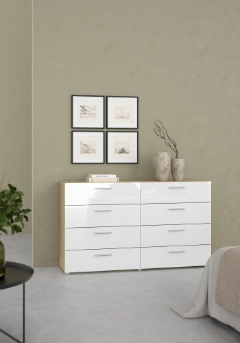 TVILUM Pepe kommode - hvid h�jglans/natur tr�/egetr�sfin&eacute;r, m. 8 skuffer