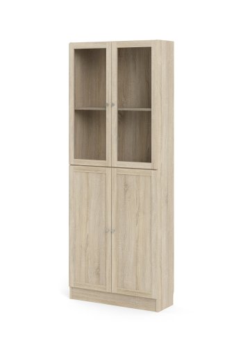 TVILUM Basic B&uuml;cherregal - Klar-/Naturglas/Eichenstruktur, mit 4 T&uuml;ren und 4 Regalen (H: 203,3 cm x 79 cm x 28,3 cm)