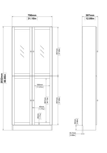 TVILUM Basic B&uuml;cherregal - Klar-/Naturglas/Eichenstruktur, mit 4 T&uuml;ren und 4 Regalen (H: 203,3 cm x 79 cm x 28,3 cm)