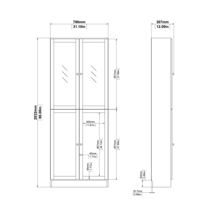 TVILUM Basic B&uuml;cherregal - Klar-/Naturglas/Eichenstruktur, mit 4 T&uuml;ren und 4 Regalen (H: 203,3 cm x 79 cm x 28,3 cm)
