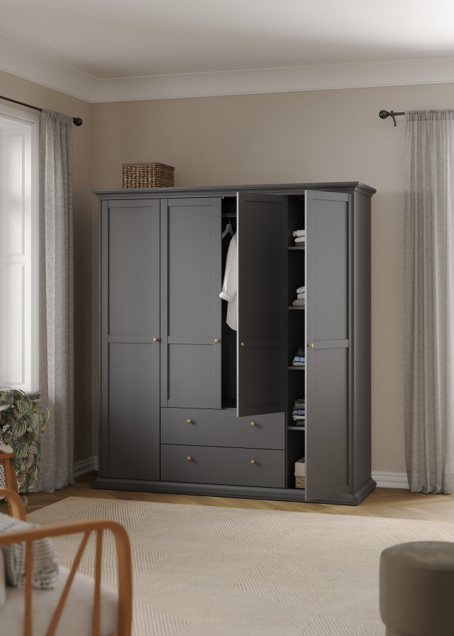 TVILUM Paris garderobeskab - mat gr� tr�, m. 4 l�ger og 2 skuffer 