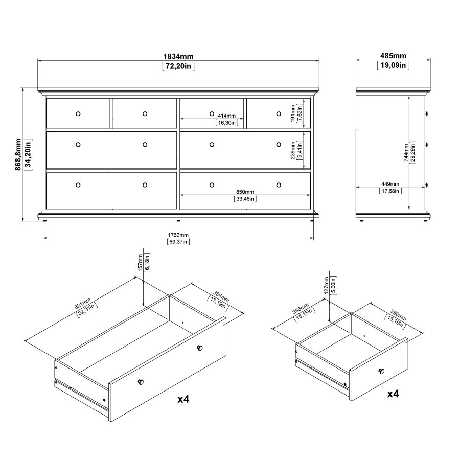 TVILUM Paris kommode - matt gr�tt tre, m. 8 skuffer 