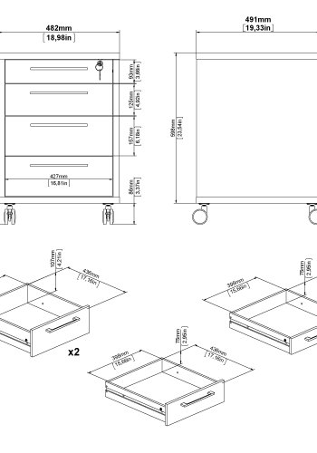 TVILUM Prima skuffesektion - natur egetr�sfin&eacute;r, m. 4 skuffer og hjul