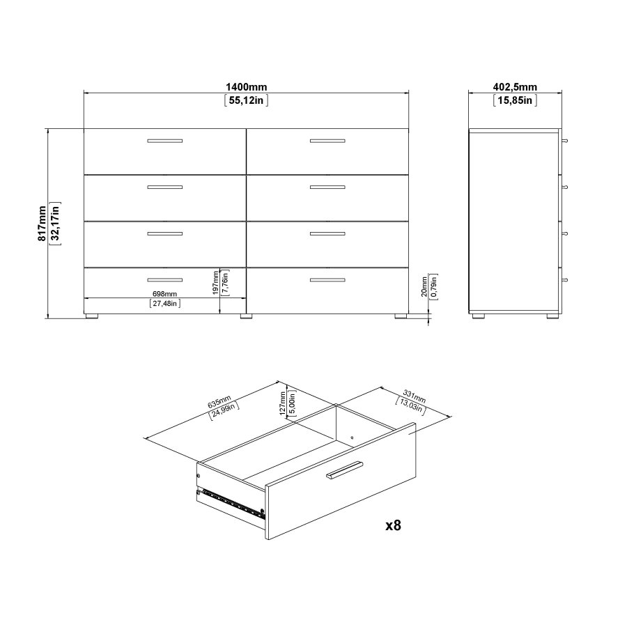 TVILUM Pepe Kommode - Schwarz matt in Eichenstruktur, mit 8 Schubladen