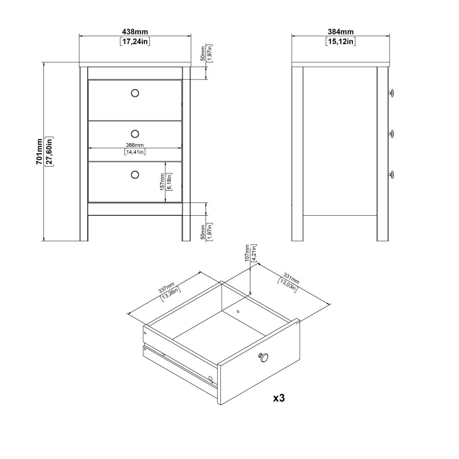 TVILUM Madrid nattbord med 3 skuffer - Parcel
