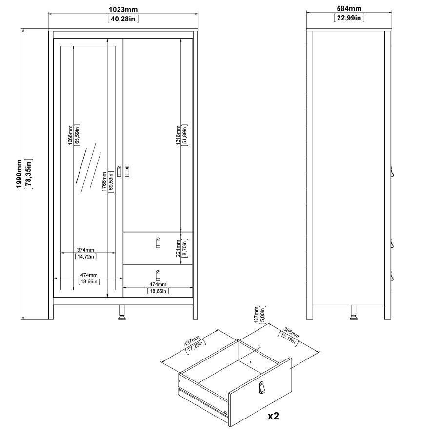 TVILUM Madrid Garderob med 1 d&ouml;rr + 1 spegeld&ouml;rr + 2 l�dor - Paket