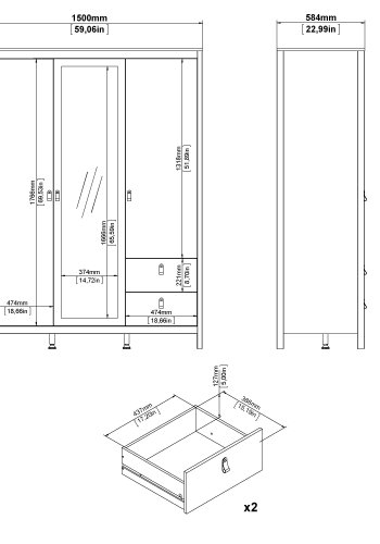 TVILUM Madrid Garderob med 2 d&ouml;rrar + 1 spegeld&ouml;rr + 2 l�dor - Paket