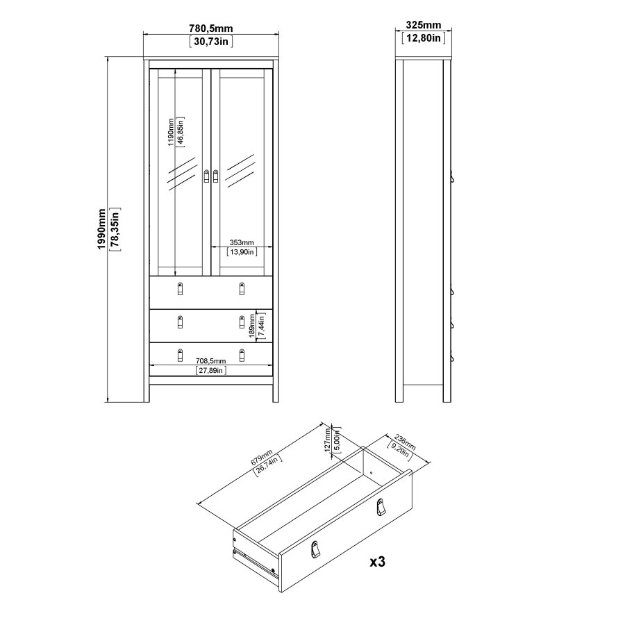 TVILUM Madrid porcel�nsskab 2 d�re med glas + 3 skuffer - Parcel