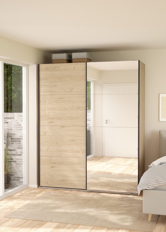 TVILUM Bergamo Garderob med 1 skjutd&ouml;rr + 1 skjutd&ouml;rr med spegel 180 x 220 cm - Paket