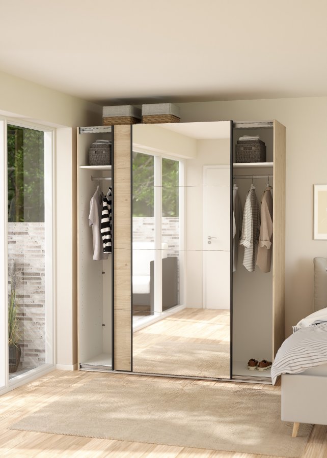 TVILUM Bergamo Garderob med 1 skjutd&ouml;rr + 1 skjutd&ouml;rr med spegel 180 x 220 cm - Paket