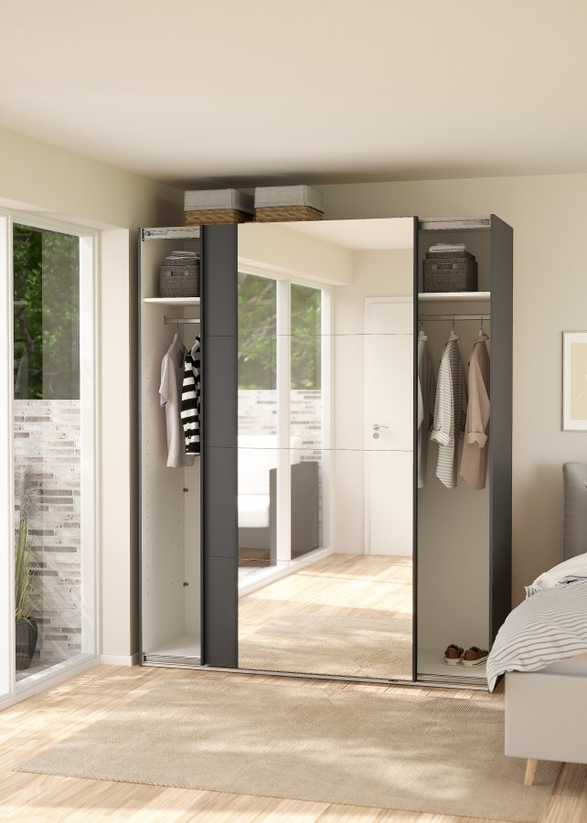 TVILUM Bergamo Garderob med 1 skjutd&ouml;rr + 1 skjutd&ouml;rr med spegel 180 x 220 cm - Paket