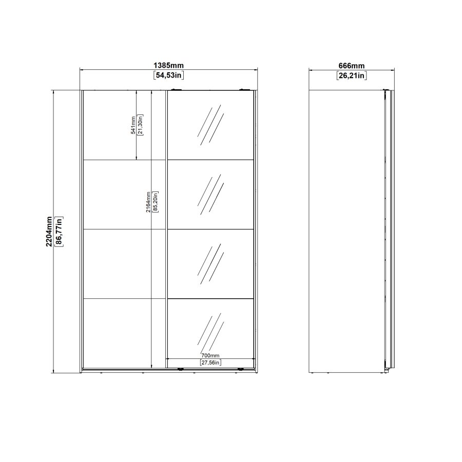 TVILUM Bergamo Garderob med 1 skjutd&ouml;rr + 1 skjutd&ouml;rr med spegel 140 x 220 cm - Paket