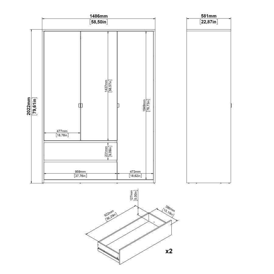 TVILUM Next Garderob med 3 d&ouml;rrar och 2 l�dor - Paket