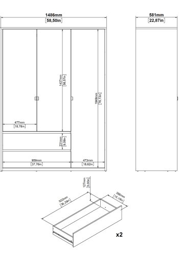 TVILUM Next Garderob med 3 d&ouml;rrar och 2 l�dor - Paket