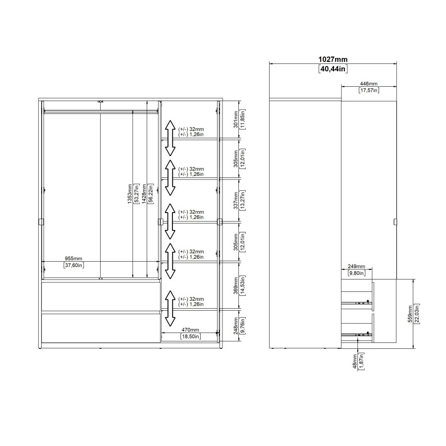 TVILUM Next Garderob med 3 d&ouml;rrar och 2 l�dor - Paket