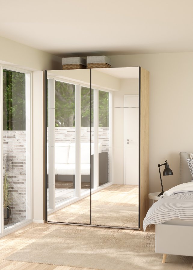 TVILUM Bergamo Garderob med 2 skjutd&ouml;rrar och spegel 140 x 220 cm - Paket