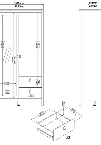 TVILUM Madrid Garderob med 1 d&ouml;rr + 1 spegeld&ouml;rr + 2 l�dor - Paket
