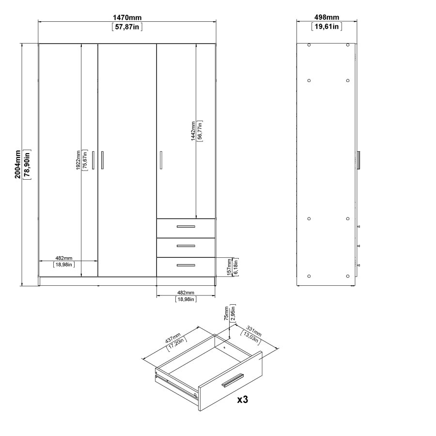 Sprint garderob 3 d&ouml;rrar + 3 l�dor - Paket