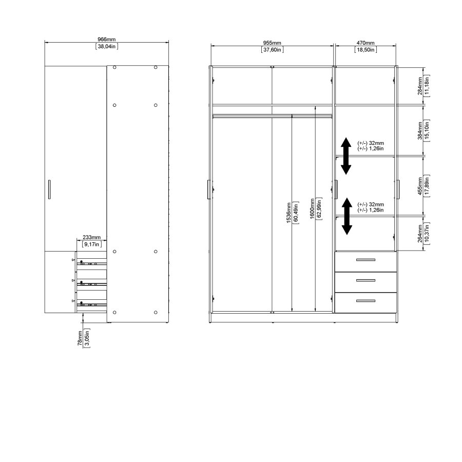 Sprint garderob 3 d&ouml;rrar + 3 l�dor - Paket