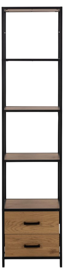 ACT NORDIC Seaford reol, m. 3 hylder og 2 skuffer - natur vild eg papir og sort metal(H:185cm x42cm x 35cm)