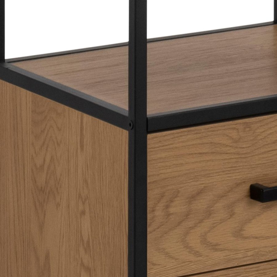 ACT NORDIC Seaford reol, m. 3 hylder og 2 skuffer - natur vild eg papir og sort metal(H:185cm x42cm x 35cm)