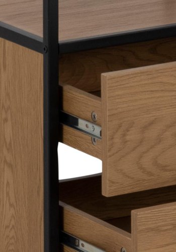 ACT NORDIC Seaford reol, m. 3 hylder og 2 skuffer - natur vild eg papir og sort metal(H:185cm x42cm x 35cm)