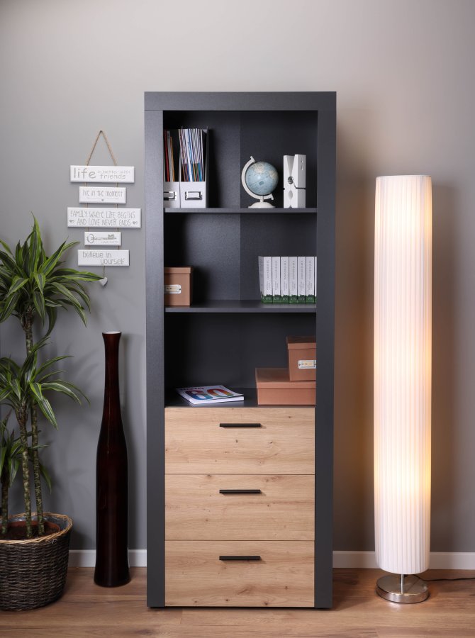 NORDIC LIVING COLLECTION Corbeto Artisan frist�ende hylla / antracit med 3 fack och 3 l�dor