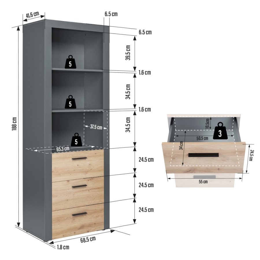 NORDIC LIVING COLLECTION Corbeto Artisan frist�ende hylla / antracit med 3 fack och 3 l�dor
