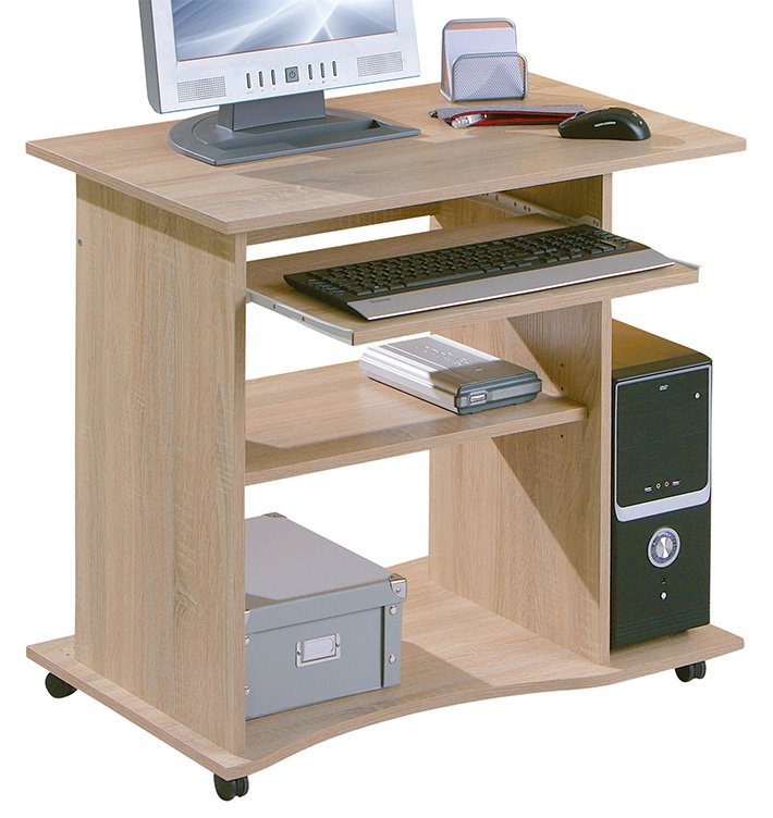 NORDIC LIVING COLLECTION Durini-skrivebord i Sonoma-eik p� hjul, med to hyller og et avtakbart tastaturbrett