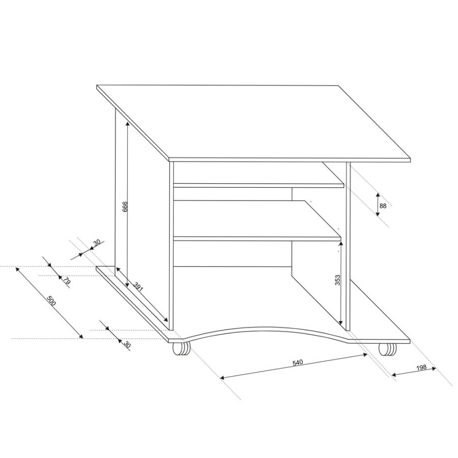 NORDIC LIVING COLLECTION Durini-skrivebord i Sonoma-eik p� hjul, med to hyller og et avtakbart tastaturbrett