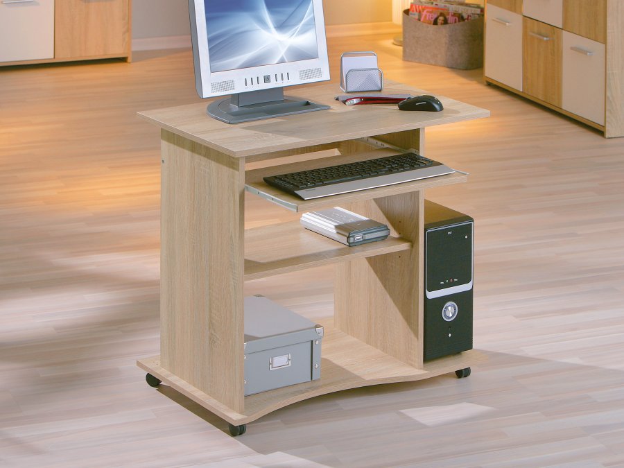 NORDIC LIVING COLLECTION Durini-skrivebord i Sonoma-eik p� hjul, med to hyller og et avtakbart tastaturbrett