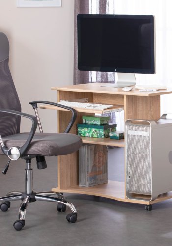 NORDIC LIVING COLLECTION Durini-skrivebord i Sonoma-eik p� hjul, med to hyller og et avtakbart tastaturbrett