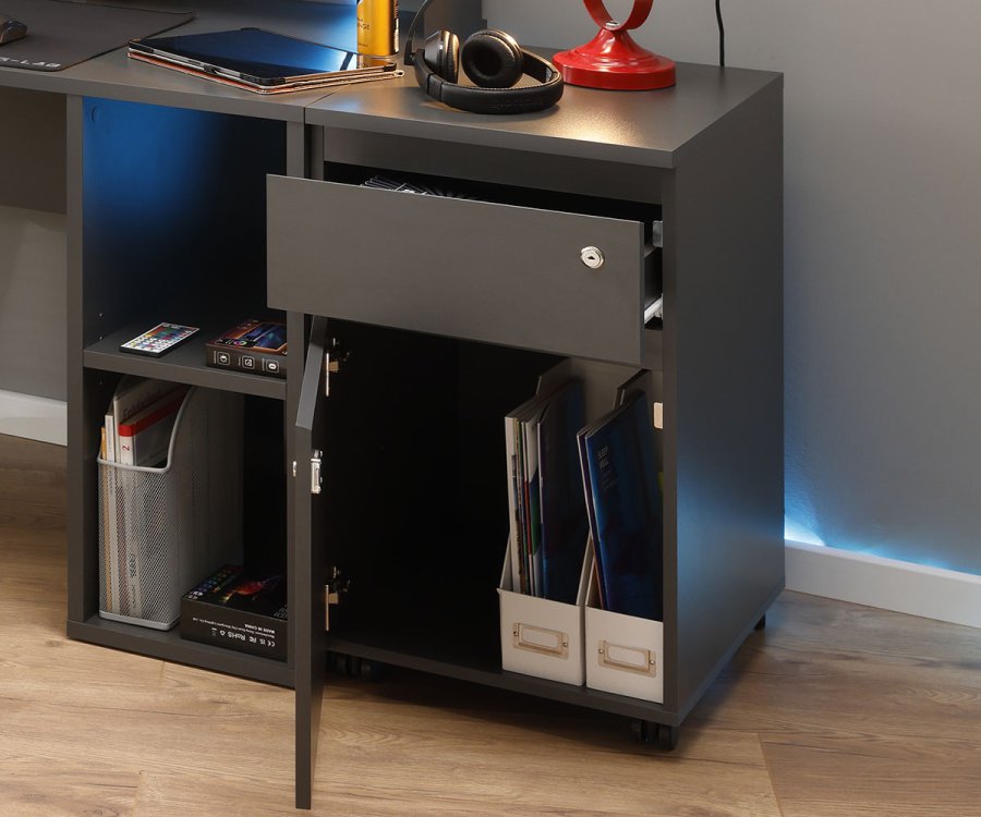 NORDIC LIVING COLLECTION L�sbar rullecontainer p� hjul i antrasitt med �n skuff og d�r