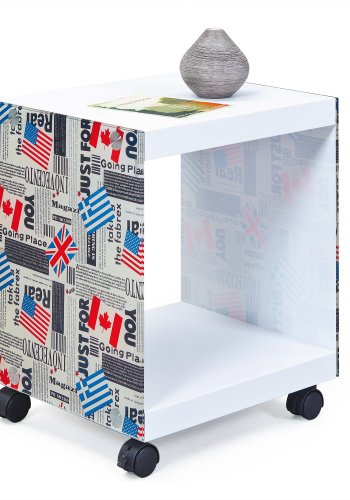 NORDIC LIVING COLLECTION Flagcube-logo sidebord, m. 1 rum og hjul - hvid og multifarvet melamin (38x33,5)