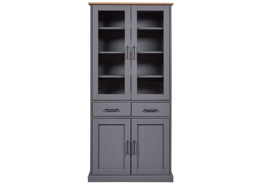 NORDIC LIVING COLLECTION  Massiv furu-vitrinskap i landlig stil med 4 d�rer og 2 skuffer i gr� eikelakk
