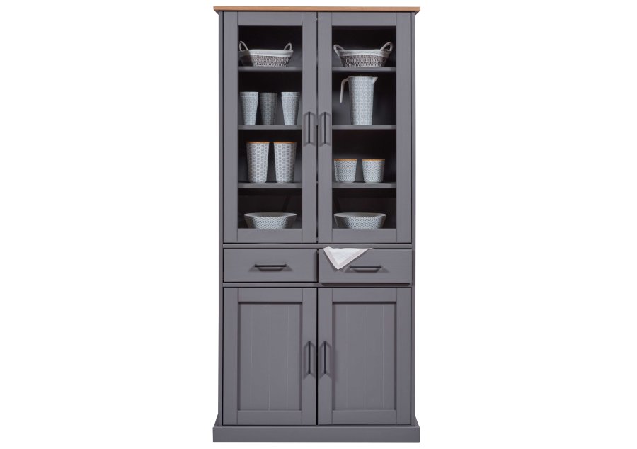 NORDIC LIVING COLLECTION  Massiv furu-vitrinskap i landlig stil med 4 d�rer og 2 skuffer i gr� eikelakk