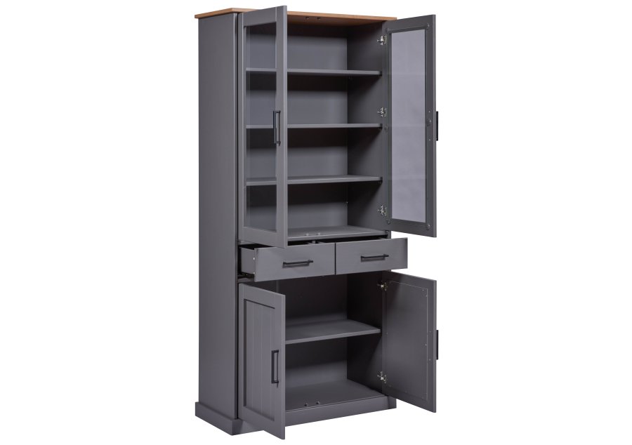 NORDIC LIVING COLLECTION  Massiv furu-vitrinskap i landlig stil med 4 d�rer og 2 skuffer i gr� eikelakk