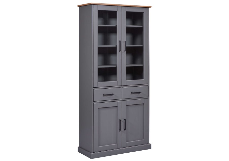 NORDIC LIVING COLLECTION  Massiv furu-vitrinskap i landlig stil med 4 d�rer og 2 skuffer i gr� eikelakk