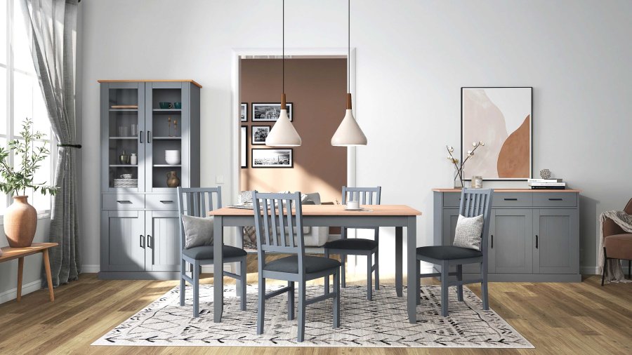 NORDIC LIVING COLLECTION  Massiv furu-vitrinskap i landlig stil med 4 d�rer og 2 skuffer i gr� eikelakk