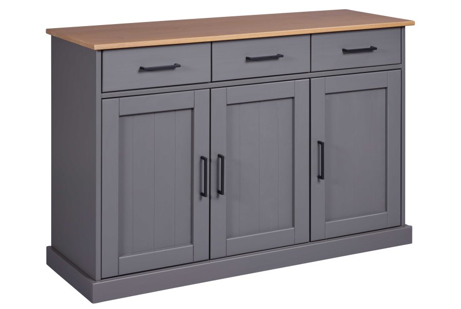 NORDIC LIVING COLLECTION  Massiv furusk�nk i lantlig stil med 3 d�rrar och 3 l�dor i gr� eklack