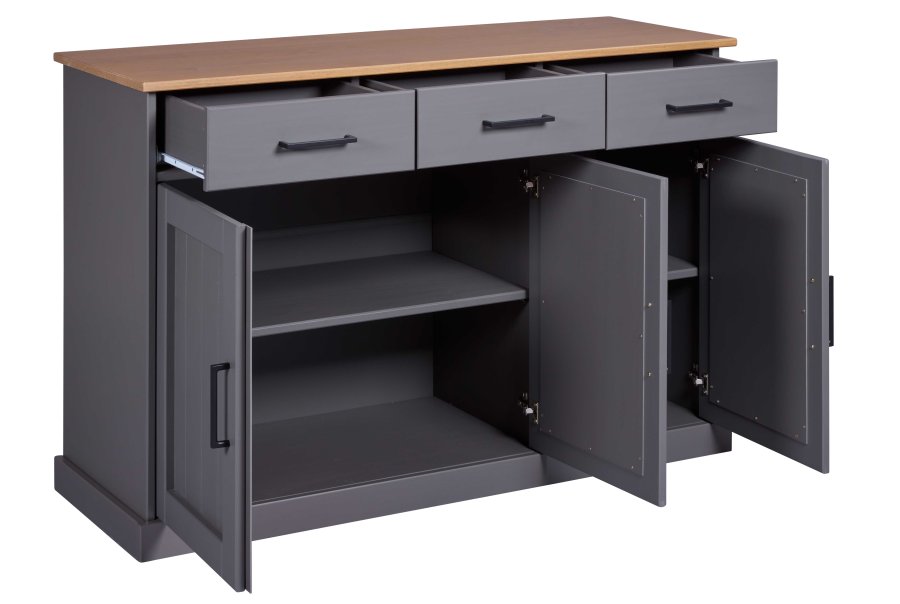 NORDIC LIVING COLLECTION  Massiv furusk�nk i lantlig stil med 3 d�rrar och 3 l�dor i gr� eklack
