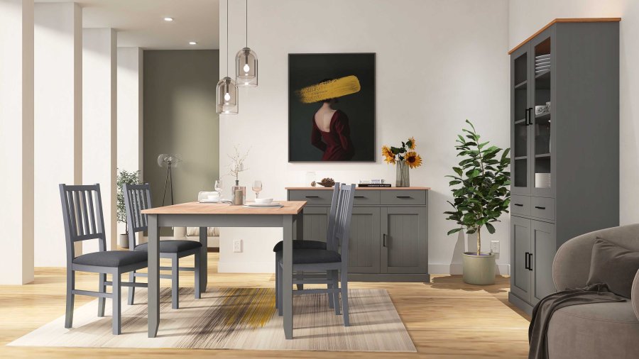 NORDIC LIVING COLLECTION  Massiv furusk�nk i lantlig stil med 3 d�rrar och 3 l�dor i gr� eklack