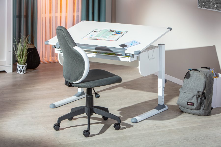 NORDIC LIVING COLLECTION  Jessi svingstol, m�rkegr�/hvit, med svingbart sete, 5 lastavhengige bremsede sikkerhetshjul og trinnl�s h�ydejustering