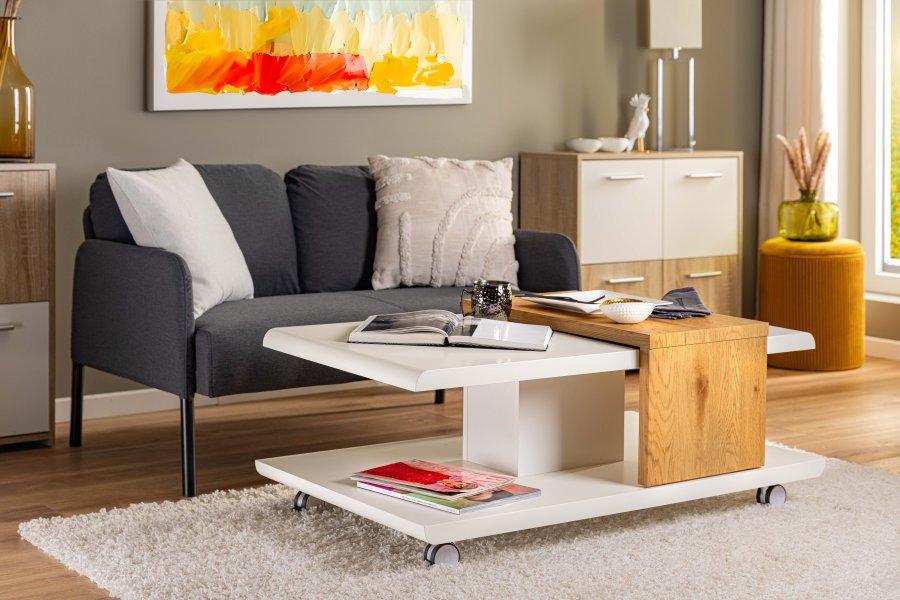 NORDIC LIVING COLLECTION Joliet salongbord, hvit/vill eik-look, med hjul