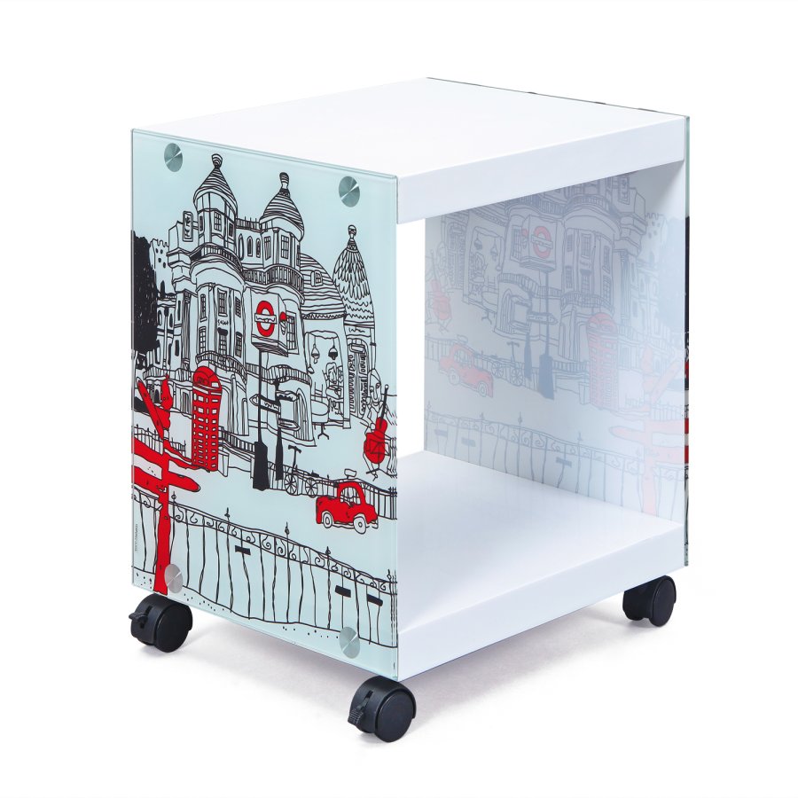 NORDIC LIVING COLLECTION Vitt Londoncube sidobord med logotyp och 2 hyllor