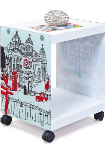NORDIC LIVING COLLECTION Londoncube-logo sidebord, m. 1 rum og hjul - hvid og multifarvet melamin (38x33,5)