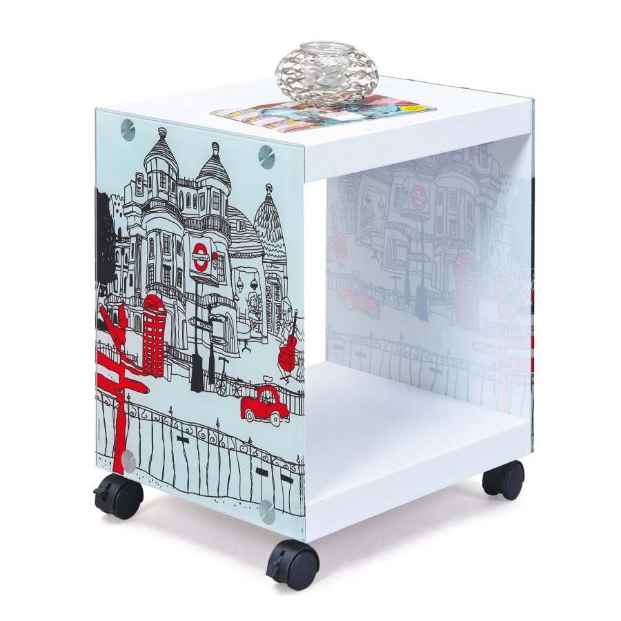 NORDIC LIVING COLLECTION Vitt Londoncube sidobord med logotyp och 2 hyllor